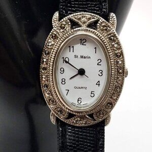 Vintage‎ St Marin Womens Watch Silver Tone Art Deco Leather Band Needs Battery